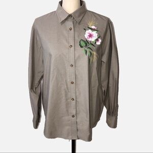Khaki Button Front Down Painted Floral Ladies Shirt Art to Wear Wrinkle Free